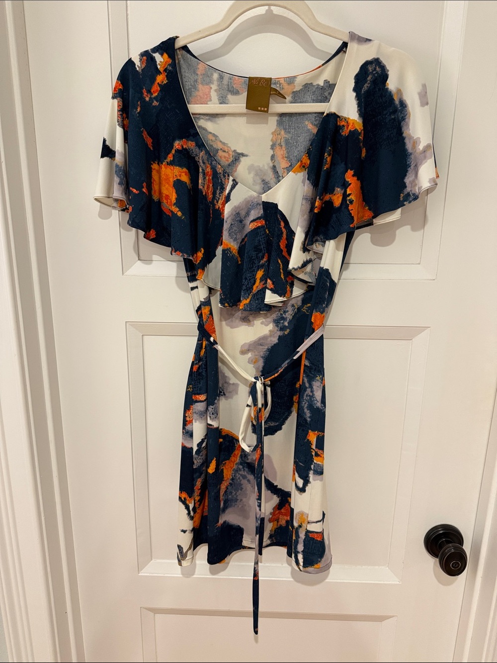 Ali Ro Navy, Orange and Cream Abstract Tie-Waist Mini Dress